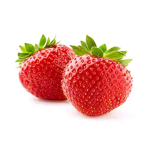 two red strawberries with green stems