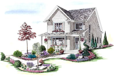 Illustrated graphic of a grey house with lush garden in front