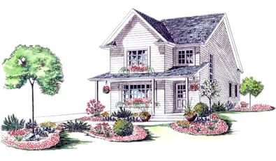 Illustrated white house with lush garden surrounding entire house with various beds